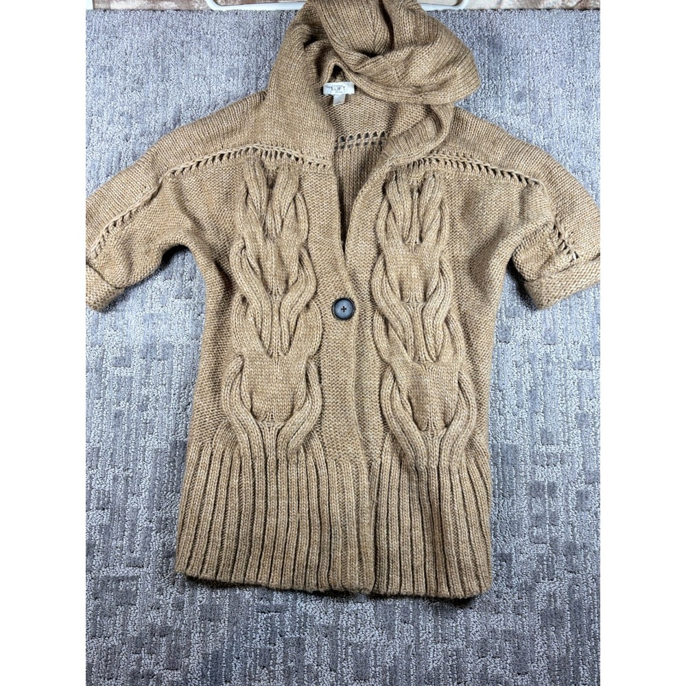 Loft Cardigan Sweater LP Tan Hooded Cable Knit Wool Alpaca Short Sleeve Button